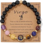 Virgo crystal bracelet displayed on its descriptive constellation meaning card.