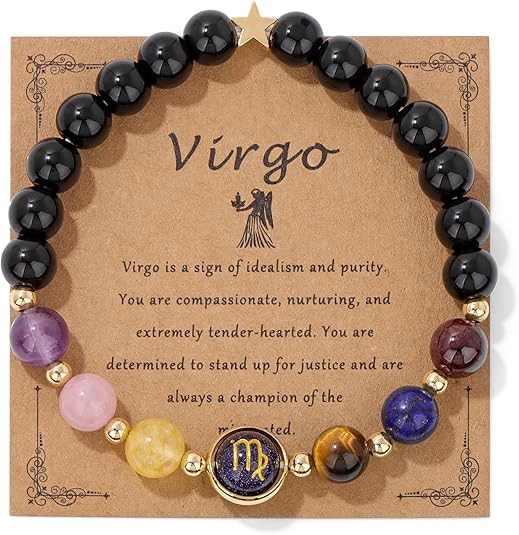 Virgo crystal bracelet displayed on its descriptive constellation meaning card.