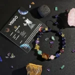 Virgo birthstone bracelet displayed on a kraft paper card highlighting traits like analytical and practical.