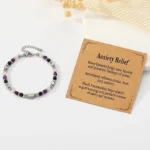 anxiety relief bracelet for women displayed with calming crystal meaning card
