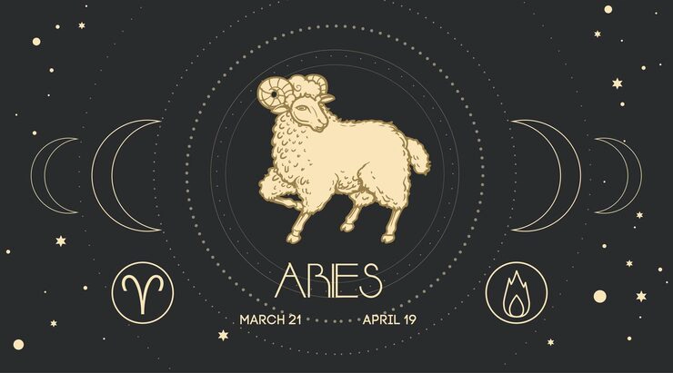 Astrology-themed graphic featuring a central Aries ram illustration, zodiac symbols, crescent moons, and a starry background.