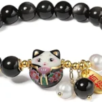 good luck bracelet for women black bead bracelet cat charm detail