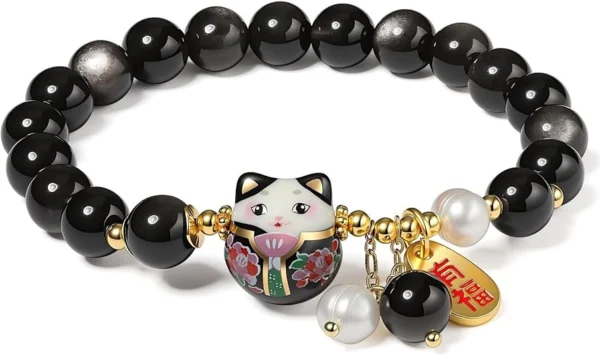 good luck bracelet for women black bead bracelet cat charm detail