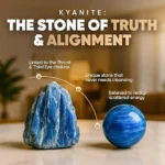Infographic about kyanite: blue crystal and sphere with labels noting throat and third-eye chakras, no cleansing needed, and energy realignment.