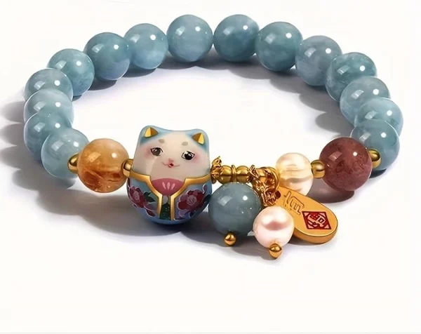 blue lucky charm bracelet for women with bead design and cat pendant