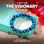 Blue beaded bracelet in an open turquoise gift box, pink flowers in the background, with bold text reading 'A gift for the visionary mind' and descriptor bullets about overthinkers, empaths, and staying clear and strong.
