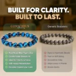 Left: blue Conscious Gems bracelet with a green checklist of features; right: gray generic beads with red Xs listing drawbacks; warm background and the banner text 'Built for Clarity. Built to Last.'