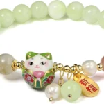 good luck bracelet for women green bead bracelet cat charm detail