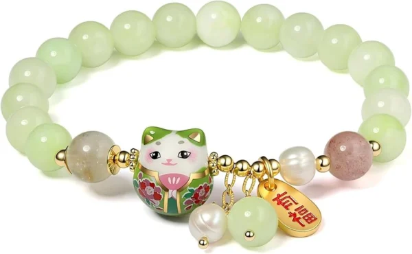 good luck bracelet for women green bead bracelet cat charm detail