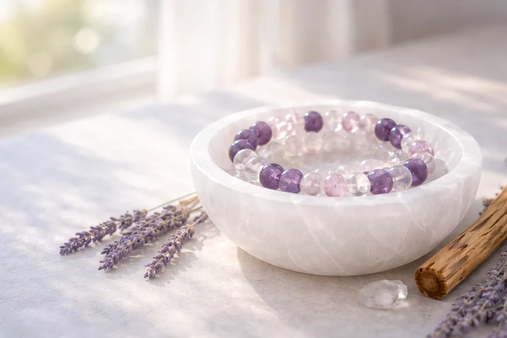 how to clean crystal bracelet with selenite bowl and natural light