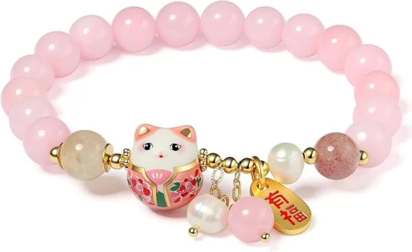 pink lucky charm bracelet with soft pink beads and cat pendant
