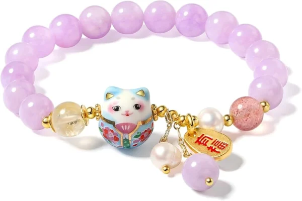 purple lucky charm bracelet close up with bead and charm details