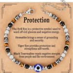 Beaded bracelet with Evil Eye charm; central text explains meanings: Evil Eye wards off negative energy, Hematite for grounding, Tiger Eye for protection and self-worth, Black Tourmaline to repel negativity.