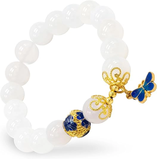 white agate bracelet for women with gold butterfly charm detail