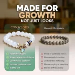 Infographic comparing Conscious Gems bracelet to generic bracelets, featuring a white bead charm bracelet on the left and a gray bead bracelet on the right.
