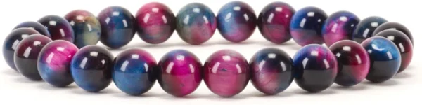 Colorful glossy bead bracelet made of round marbles in purple, blue, and pink tones.