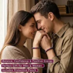 Couple touching foreheads and smiling; purple overlay text reads 'Balance, Confidence & Positive Energy. Perfect Gift for Men & Women. Includes Protective Pouch'