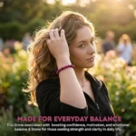 woman wearing natural pink tiger eye bracelet for women in outdoor lifestyle setting
